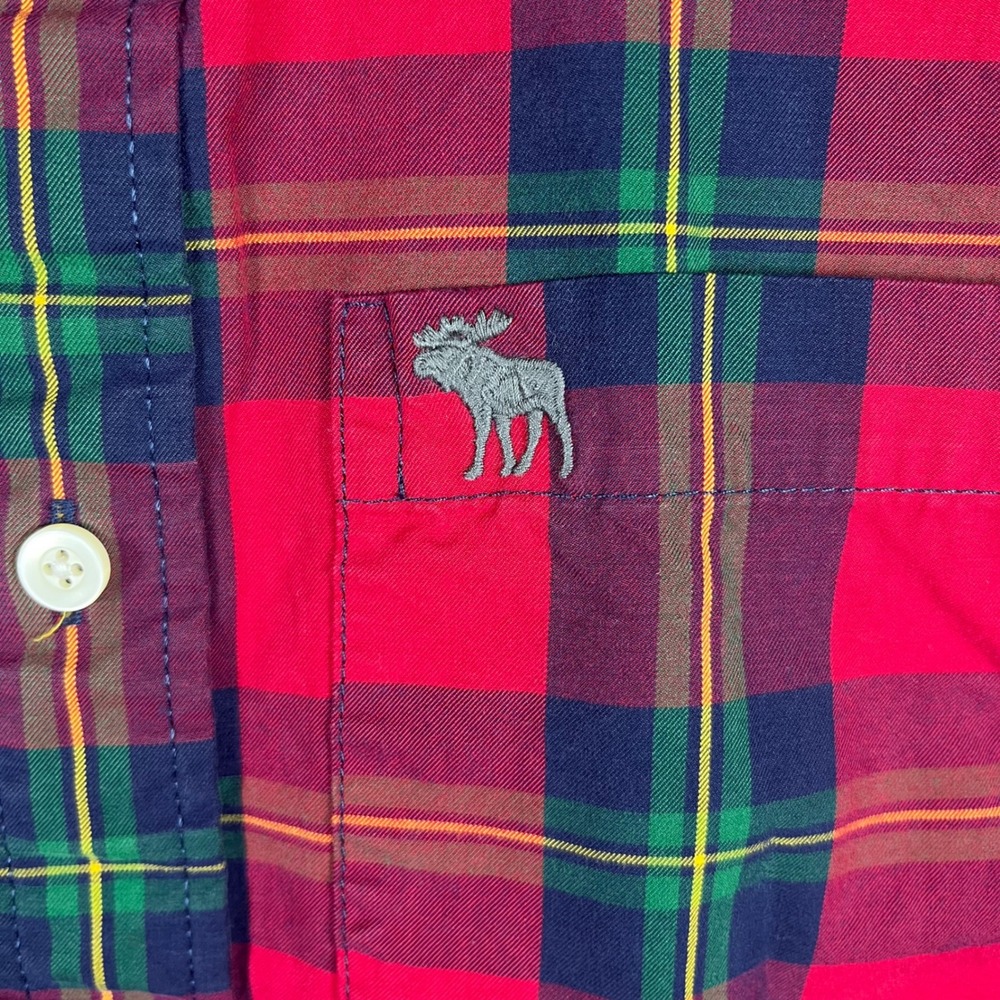 Abercrombie & Fitch Button Down Shirt Mens L Red Plaid Muscle Fit Long Sleeve - Picture 5 of 8